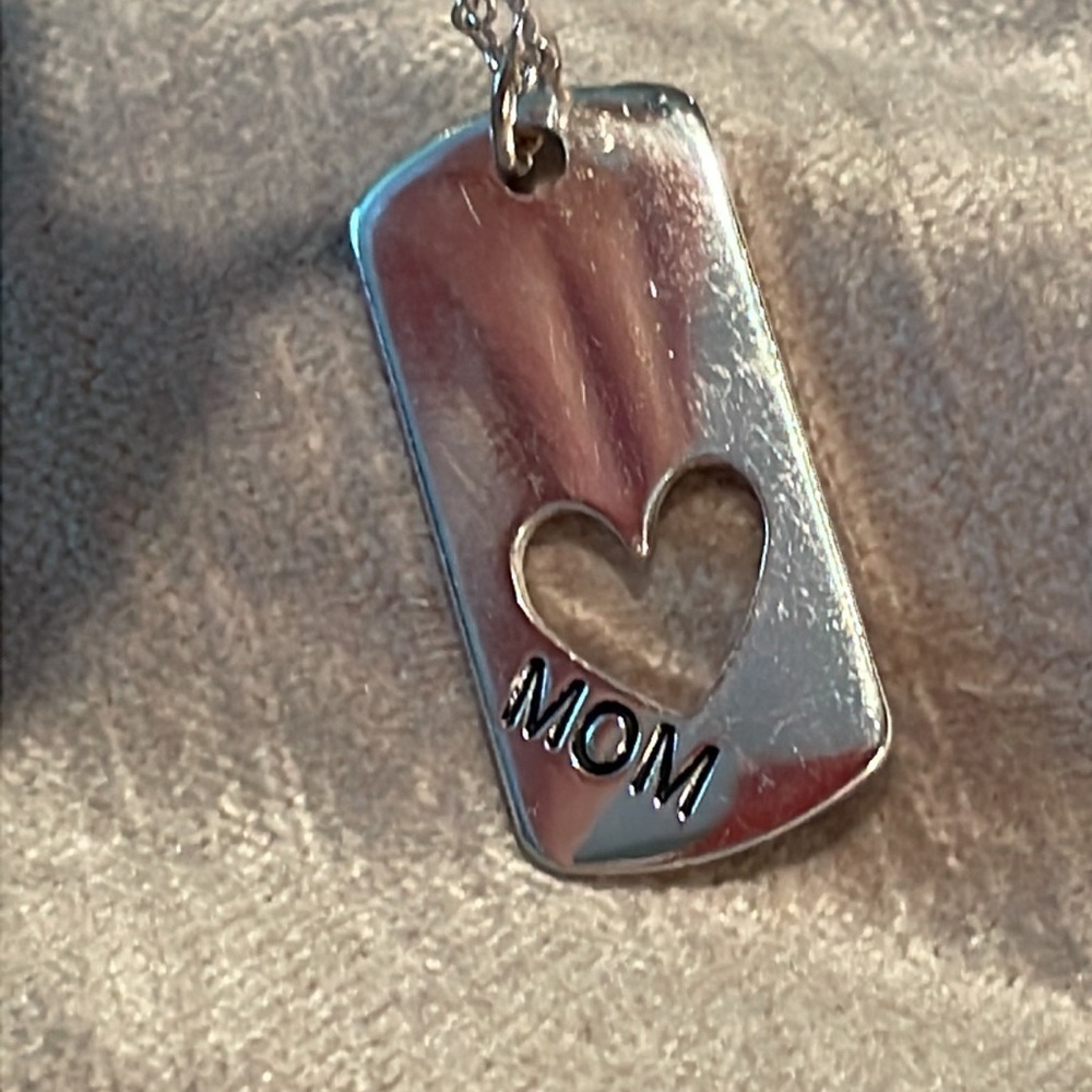 Silver Mom Heart Panel Pendant Dog Tag Cut Out
